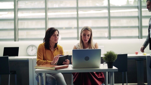 Two female businesspeople with laptop working in office, laughing. Slow motion.