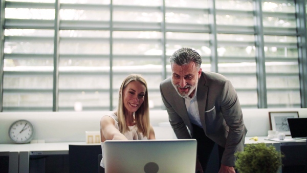 Two businesspeople with laptop in office, expressing excitement. Slow motion.