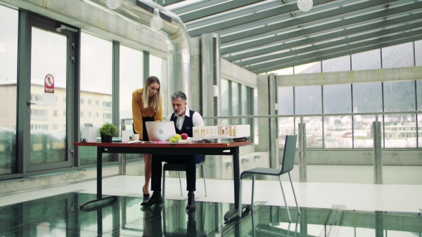 Two architects with model of a house in office, working and talking.