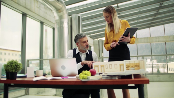 Two architects with model of a house standing in office, working and talking.