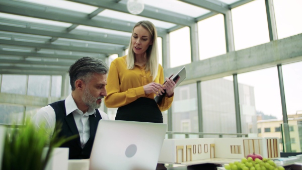 Two architects with model of a house in office, working and talking.