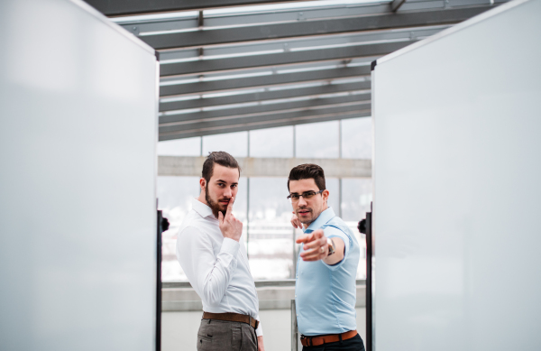 Young cheerful businessmen standing in office, having fun.