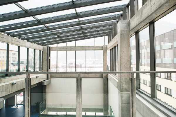 An interior of a modern spacious office glass building.