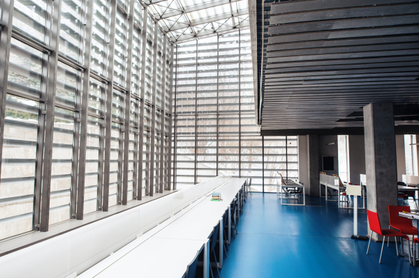 An interior of a modern spacious study room for students in a library or office.