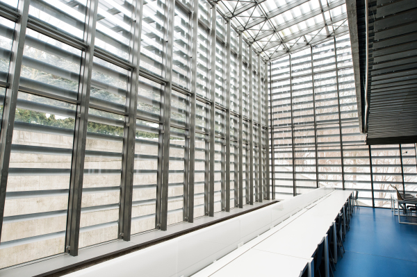 An interior of a modern spacious study room for students in a library or office.