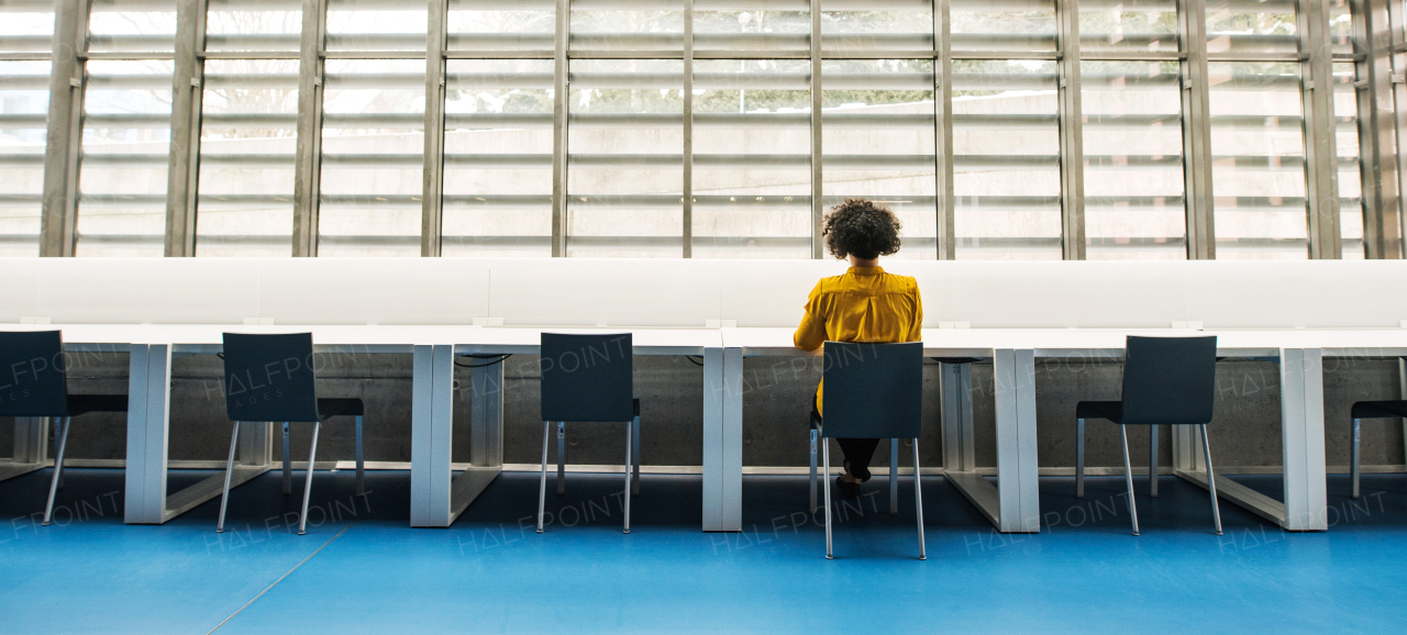 Rear view of young student or businesswoman sitting on desk in room in a library or office.