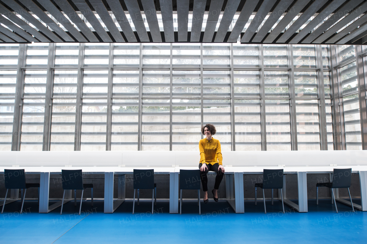 A portrait of a young student or businesswoman sitting on desk in room in a library or office.