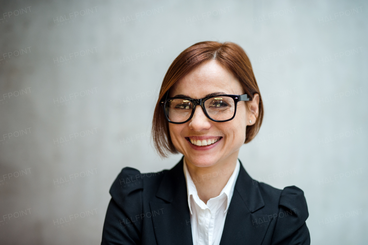 A portrait of young cheerful businesswoman standing in office, looking at camera.