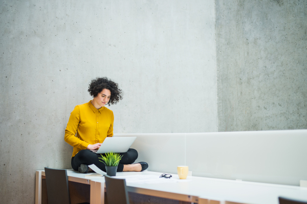 A portrait of a young student or businesswoman sitting on desk in room in a library or office, using laptop.