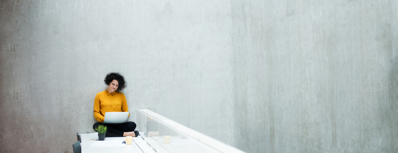 A portrait of a young student or businesswoman sitting on desk in room in a library or office, using laptop.