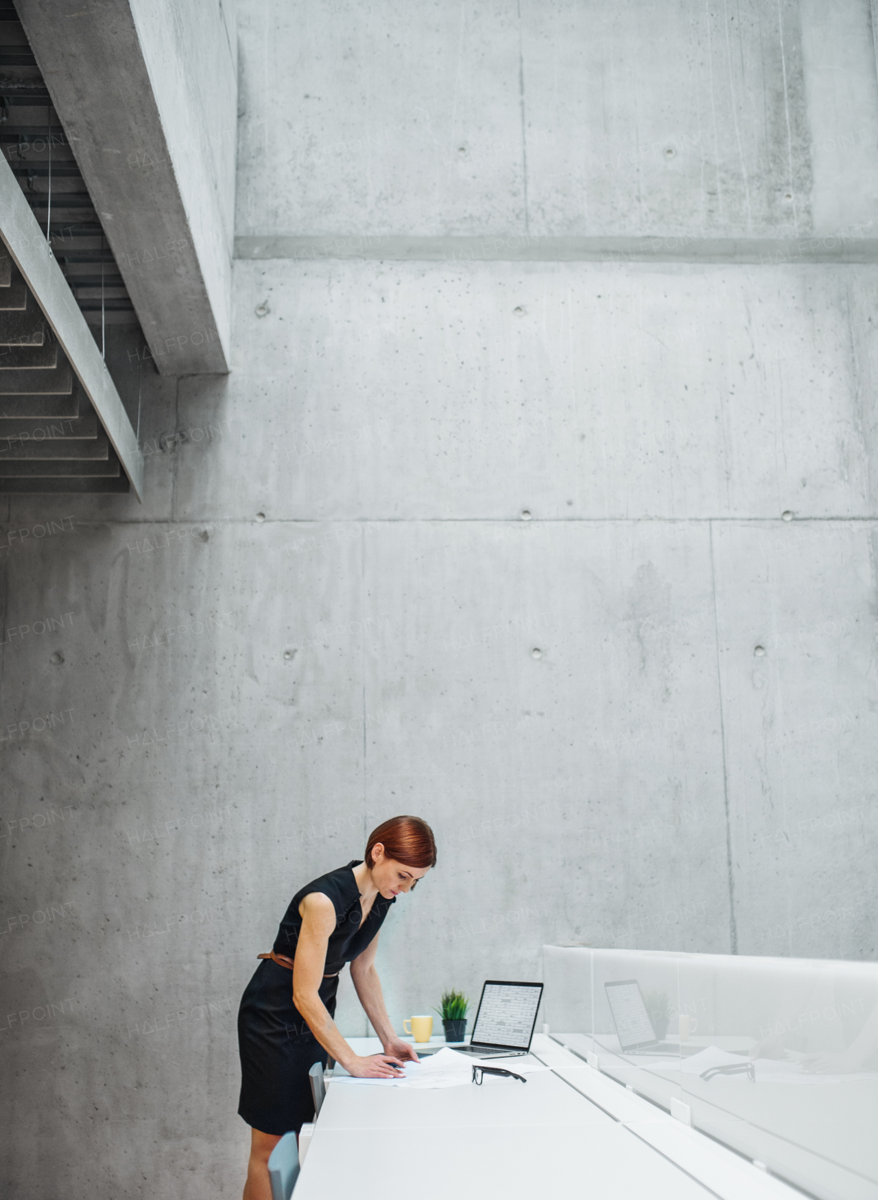 A young businesswoman or architect with laptop standing at the desk in office.