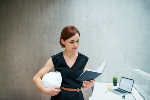 A young businesswoman or architect with diary and laptop standing in office.