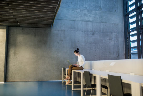 A portrait of a young student or businesswoman sitting on desk in room in a library or office, using laptop.