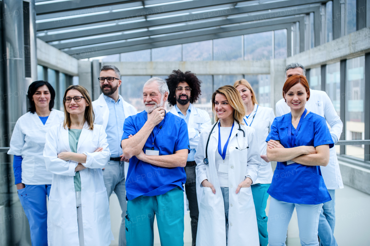 Group of doctors standing on conference, front view portrait of medical team.