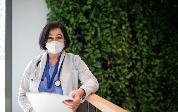 A portrait of senior woman doctor standing in hospital and looking at camera, coronavirus concept.