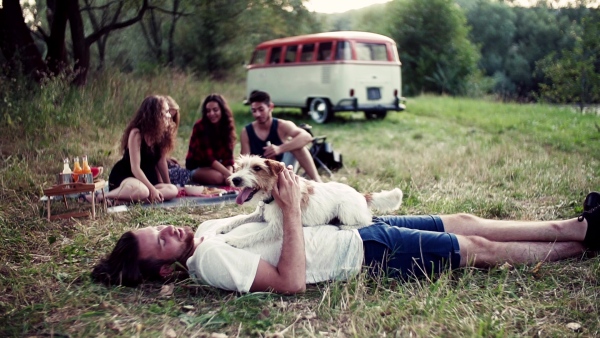 A group of young friends with a dog sitting on grass by a retro minivan on a roadtrip through countryside. Slow motion.