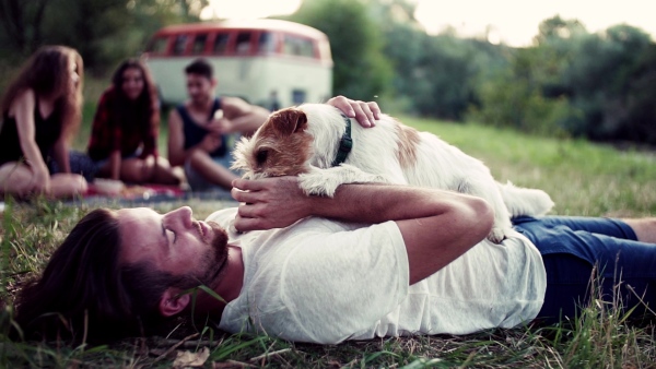 A group of young friends with a dog sitting on grass by a retro minivan on a roadtrip through countryside. Slow motion.