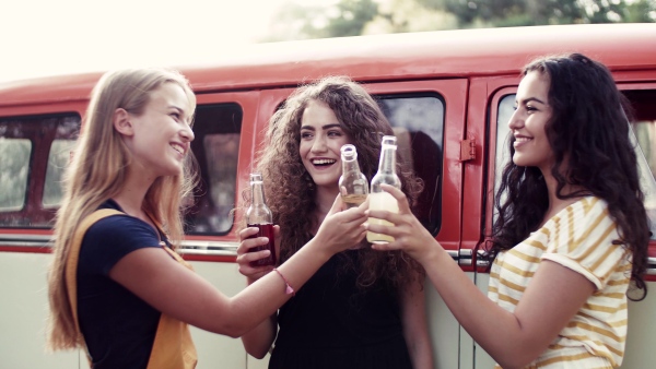 A group of young female friends with drinks standing outdoors on a roadtrip through countryside, clinking bottles.