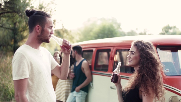 A group of young friends with drinks standing outdoors on a roadtrip through countryside, clinking bottles.