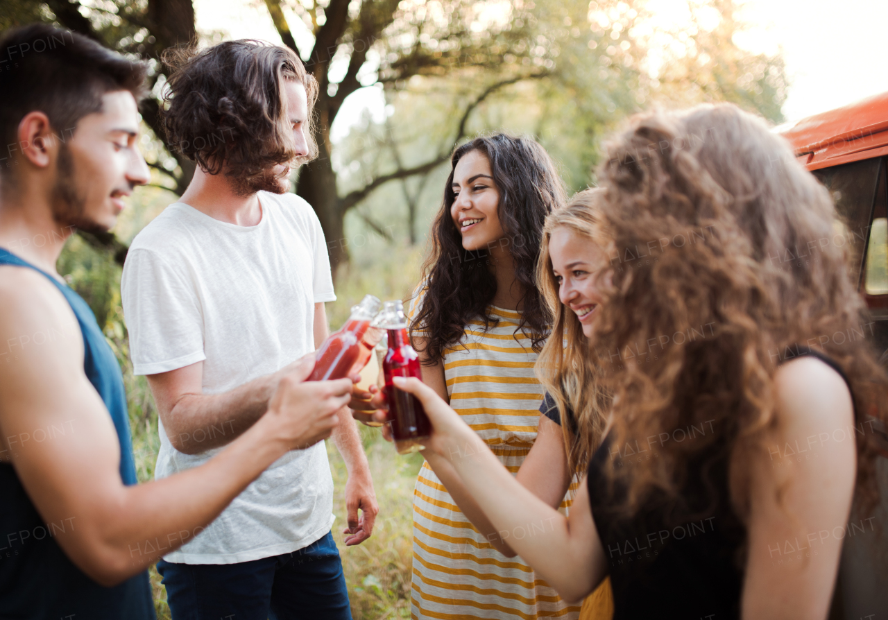 A group of young friends with drinks standing outdoors on a roadtrip through countryside, clinking bottles.