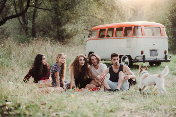 A group of young friends with a dog sitting on grass in front of a retro minivan on a roadtrip through countryside.