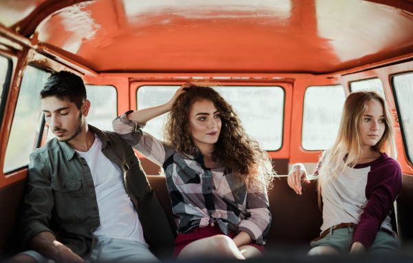 A group of young friends on a roadtrip through countryside, sitting in a retro minivan.