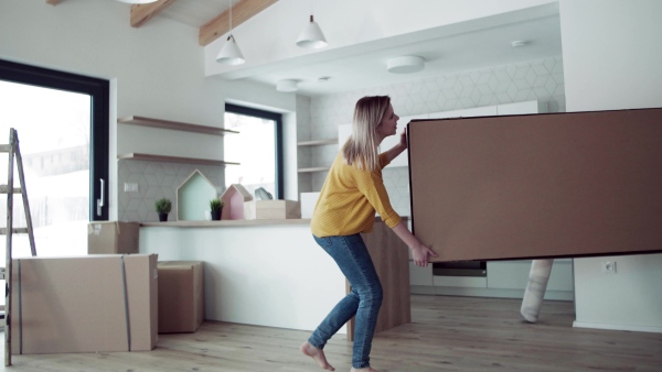 A young happy couple furnishing new house, carrying a large box. A moving in new home concept.