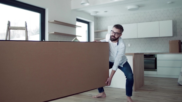 A young happy couple furnishing new house, carrying a large box. A moving in new home concept.