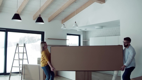 A young happy couple furnishing new house, carrying a large box. A moving in new home concept.