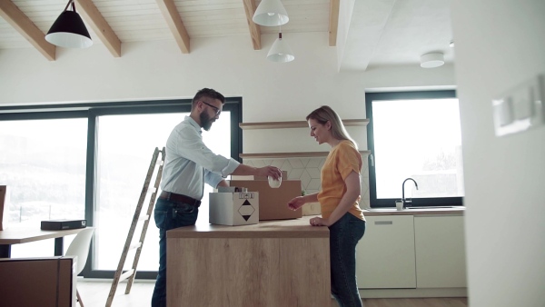 A young happy couple furnishing new house, unpacking stuff. A moving in new home concept. Slow motion.