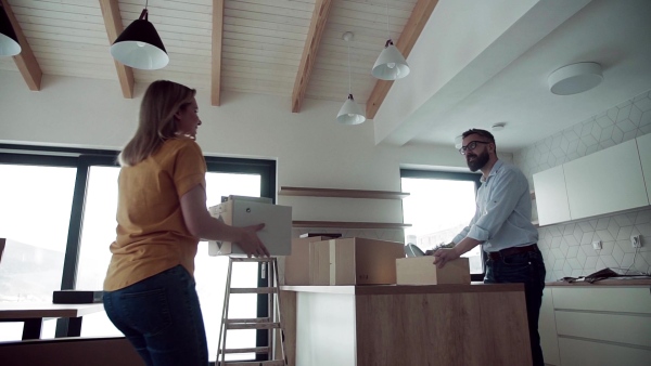 A joyful young happy couple furnishing new house, expressing excitement. A moving in new home concept. Slow motion.