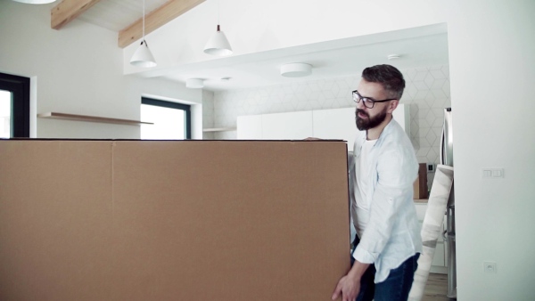 A young happy couple furnishing new house, carrying a large box. A moving in new home concept. Slow motion.