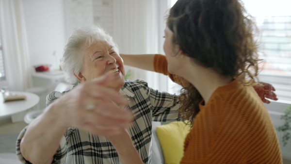 A happy senior mother hugging adult daughter indoors at home.