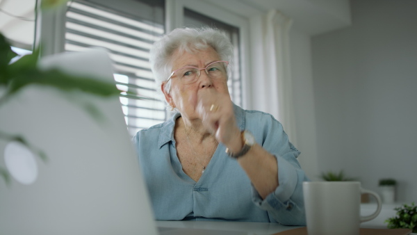 Senior woman at home getting angry in front of her laptop.