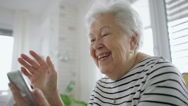 A senior woman at home with smartphone having an video call.