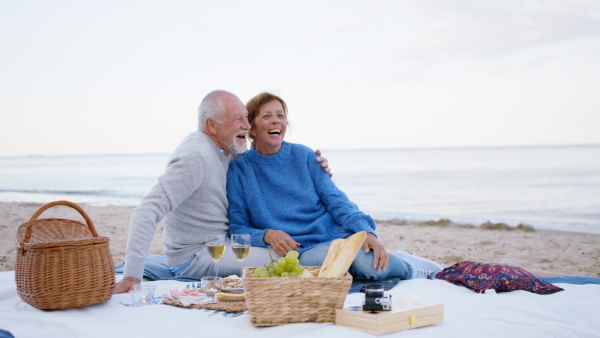 A happy senior couple in love outdoors on beach, sitting and having a picnic.