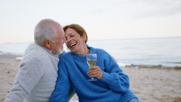 A happy senior couple in love outdoors on beach, sitting and drinking a wine.