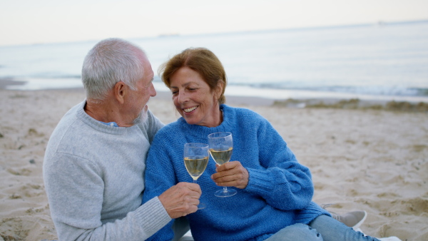 A happy senior couple in love outdoors on beach, sitting and drinking a wine.