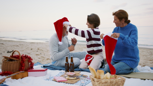 A happy senior couple with granddaughter on beach, having a christmas picnic.