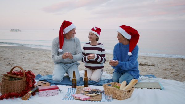 A happy senior couple with granddaughter on beach, having a christmas picnic.