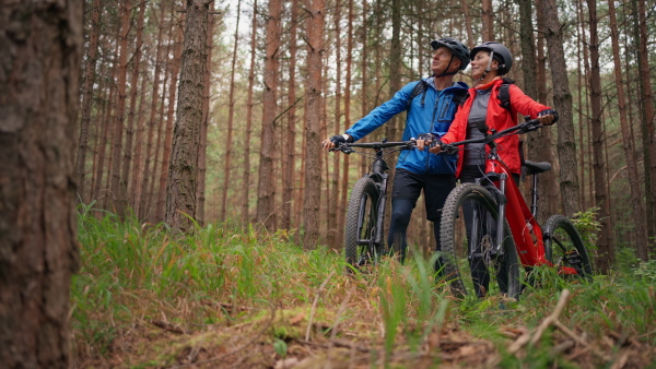 A senior couple bikers outdoors in forest in autumn day.