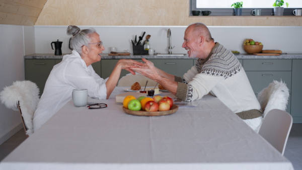 A senior couple spenidng time together talking in kitchen.