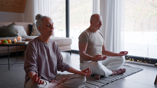 A senior couple meditating together at home.