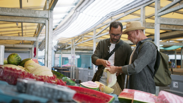 A senior man with his mature son shopping outdoors at market.