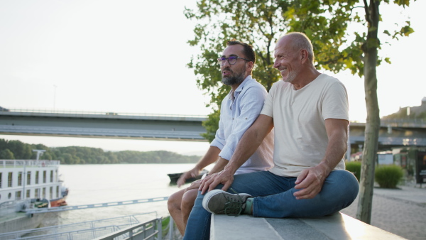 A happy senior man with his mature son sitting on stairs in park.