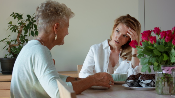 A senior mother consoling sad adult daughter indoors at home, sitting and having coffee.