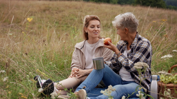 A happy senior mother and adult daughter sitting and having picnic outdoors in nature.