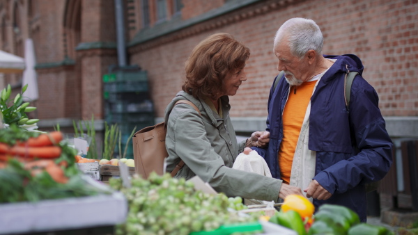 A happy senior couple tourists buying fruit outdoors on market in town.