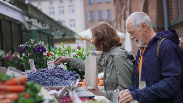 A happy senior couple tourists buying fruit outdoors on market in town.