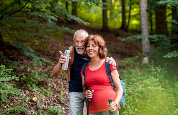 A senior tourist couple with backpacks on a walk in forest in nature, talking.